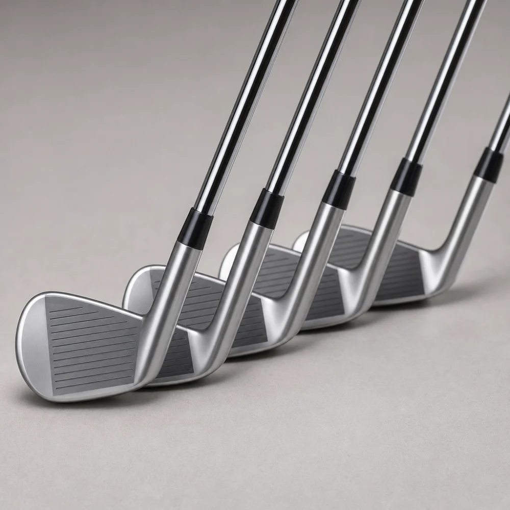 A lineup of generic golf irons on a neutral background showing different head shapes.