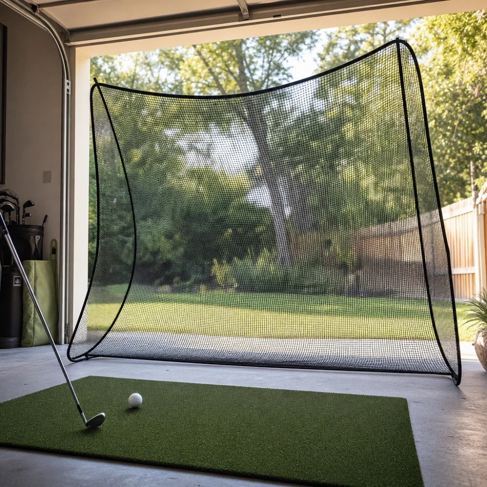 A golf practice net set up in a home practice space with a club and ball nearby.