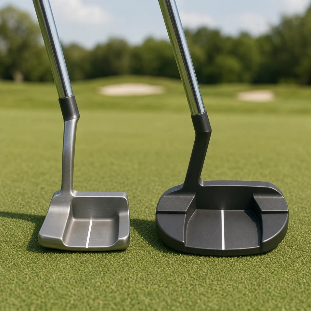 Two different golf putter head styles shown side by side