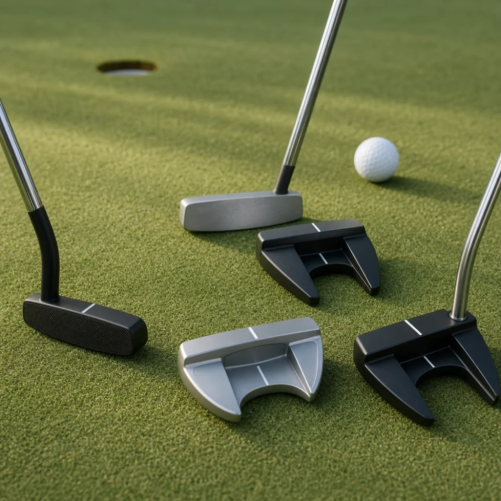 Several unbranded golf putters arranged on a putting surface