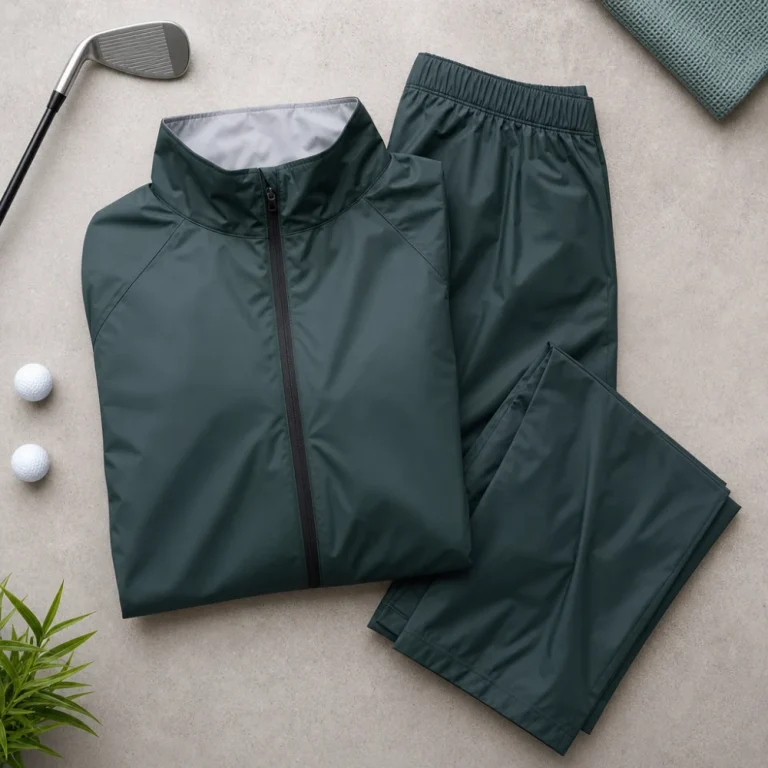 Golf rain gear laid out neatly on a neutral background