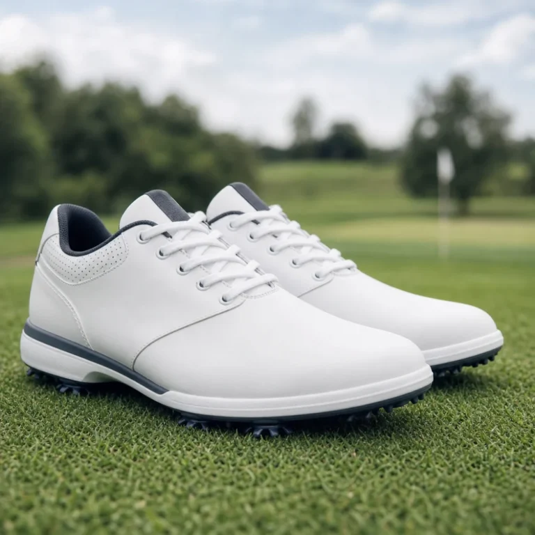 A pair of generic golf shoes on a neutral background
