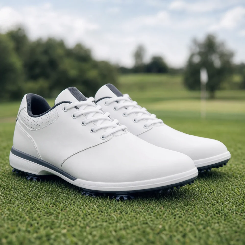 A pair of generic golf shoes on a neutral background