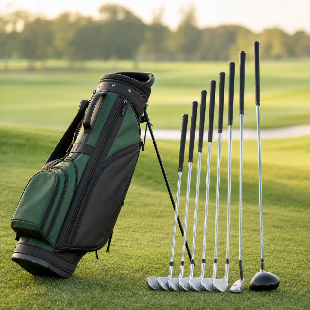 A golf stand bag standing upright beside golf clubs on grass.