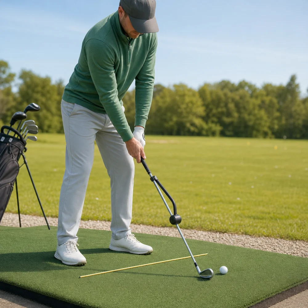 A golfer practicing with a golf swing trainer on a practice mat