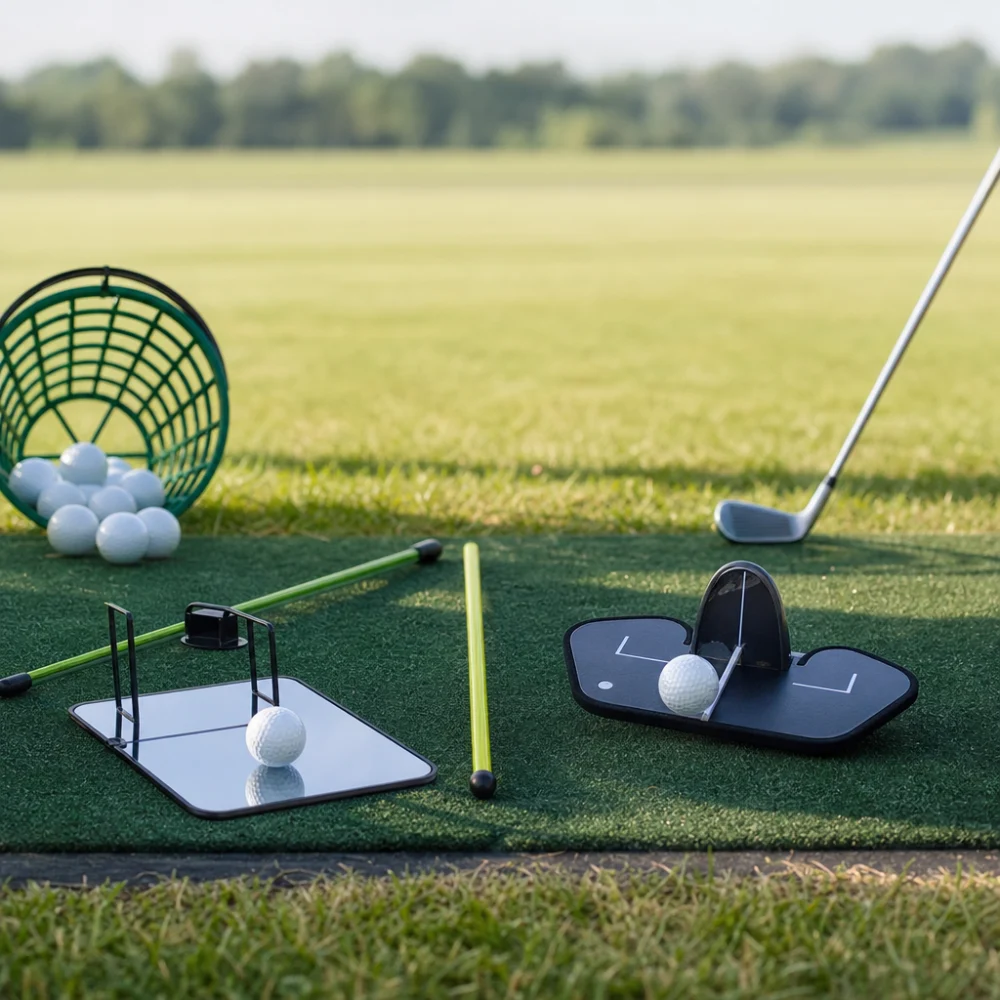 Golf training aids arranged for comparison on a practice surface