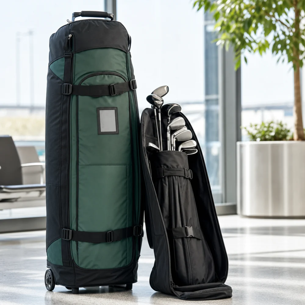 Generic golf travel bag with golf clubs packed for travel