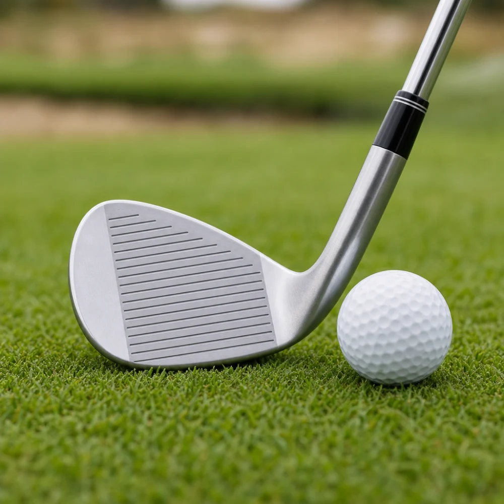 A golf wedge lying beside a golf ball on short grass.