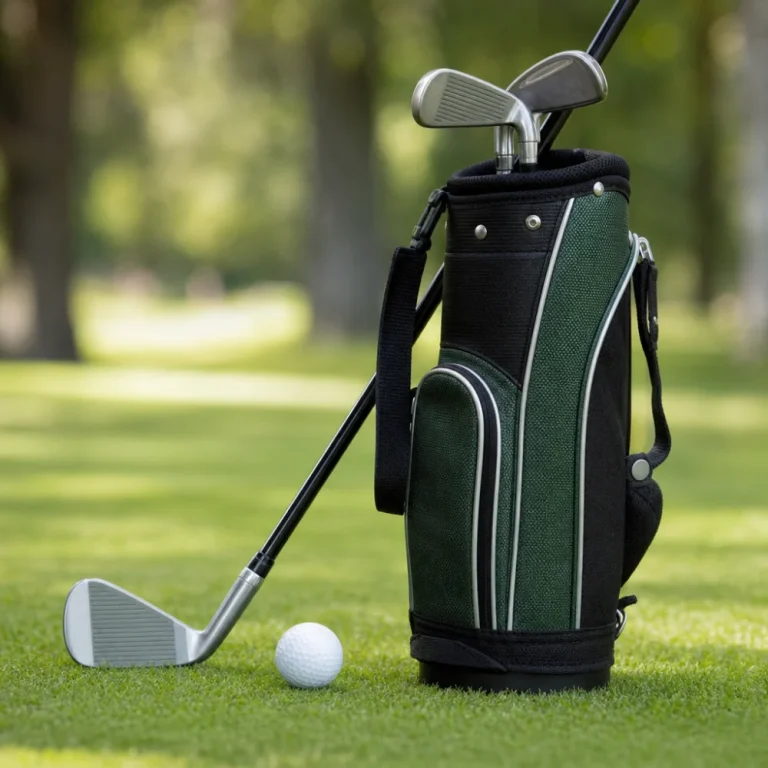 Golf club, golf ball, and golf bag on green turf