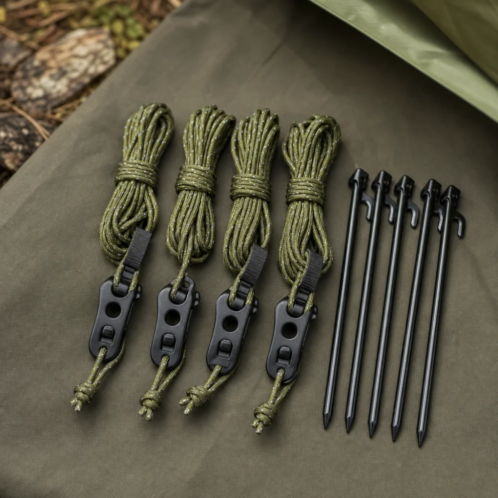Camping guy lines arranged with tent stakes and tensioners on a plain outdoor surface.