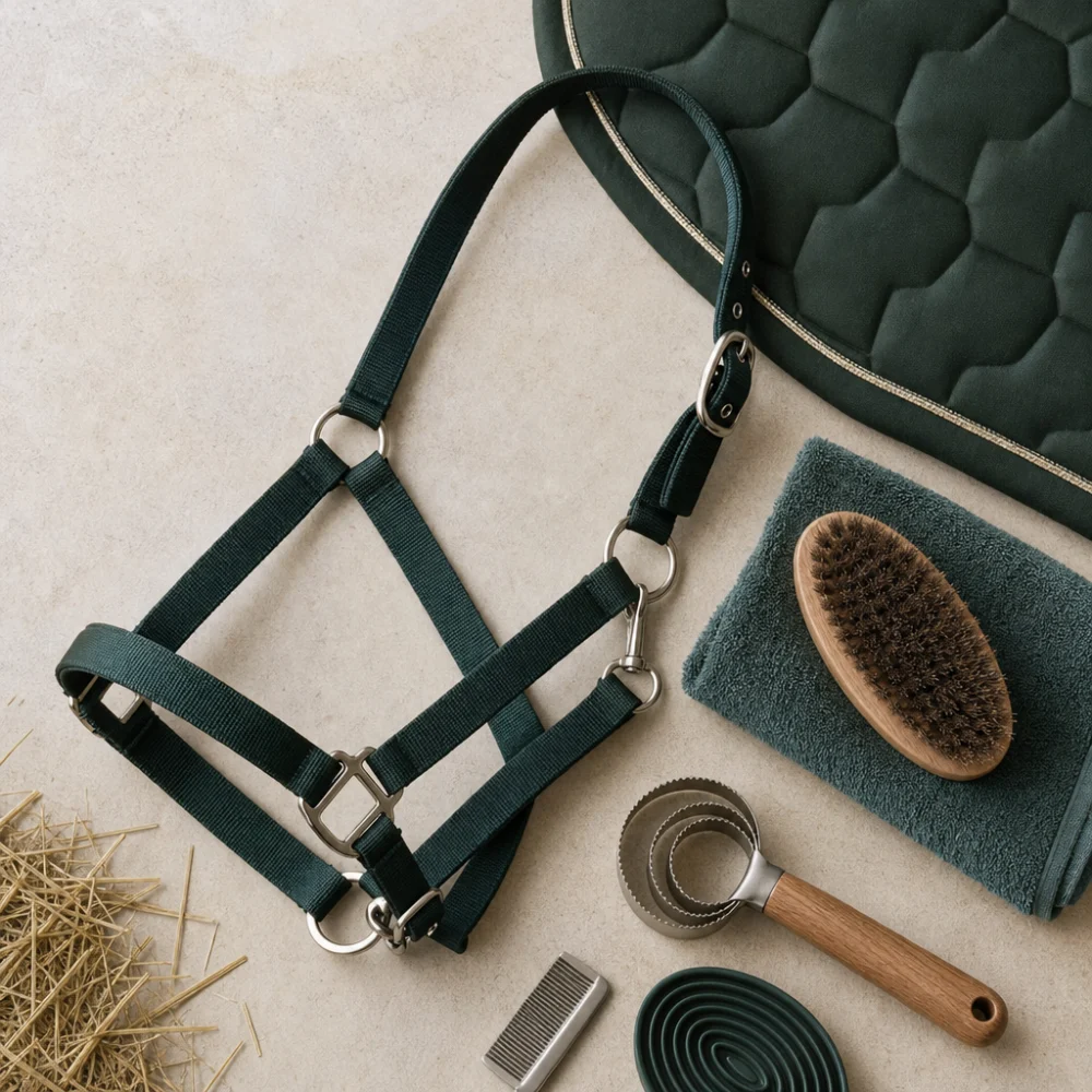 A plain horse halter arranged with grooming items on a neutral background.