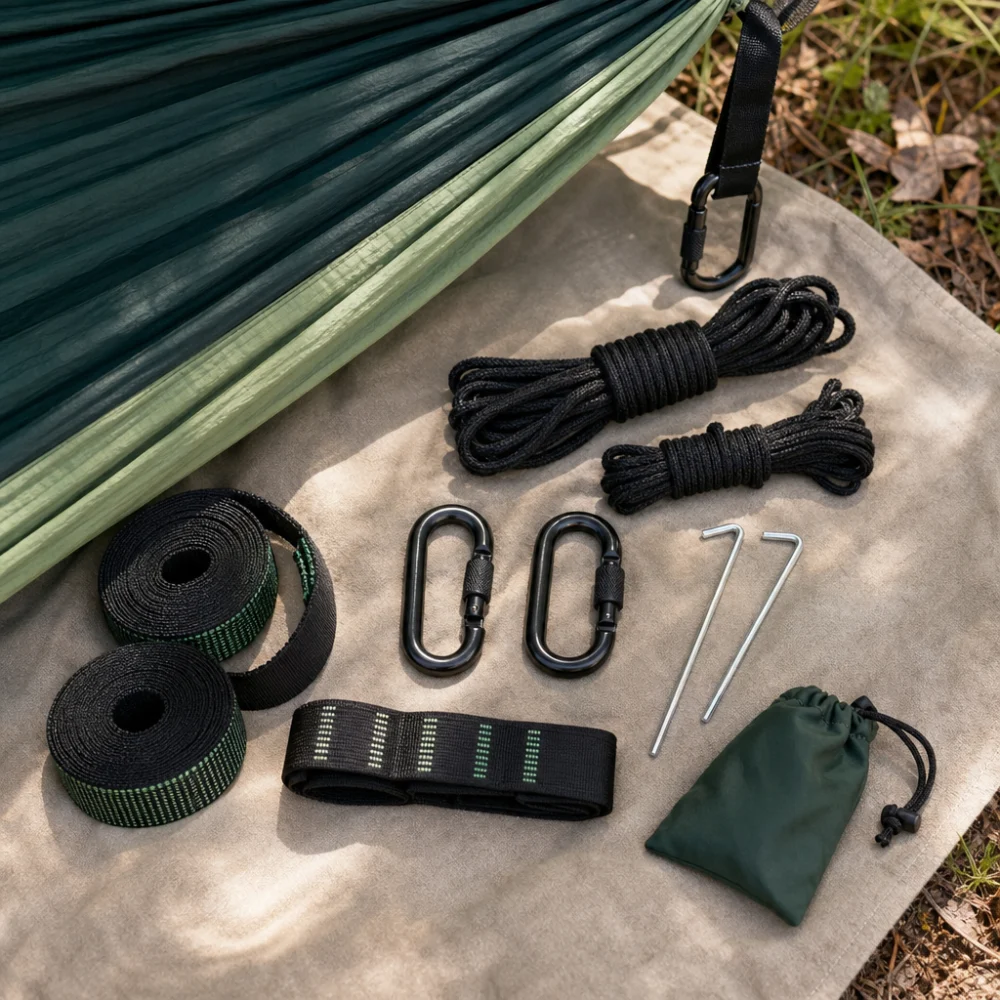 Assorted hammock accessories arranged beside a camping hammock setup