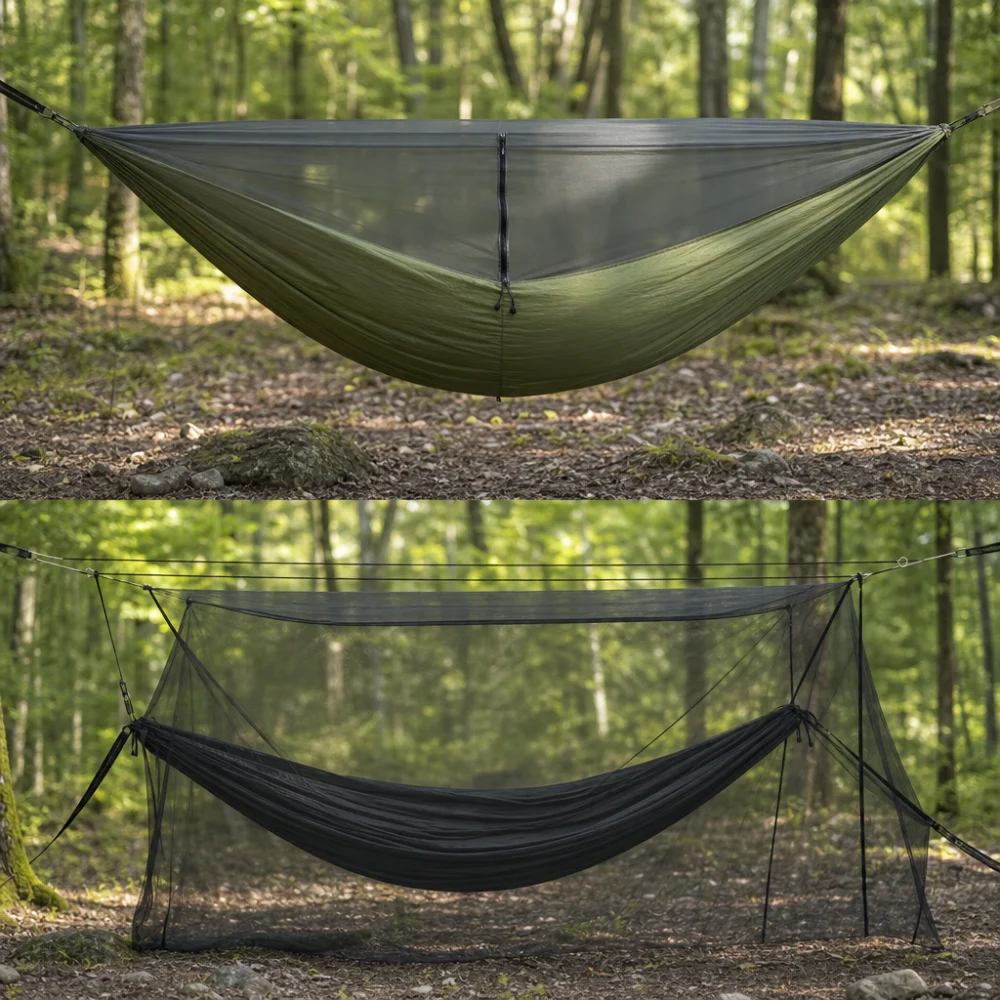 Two generic hammock bug net styles shown side by side
