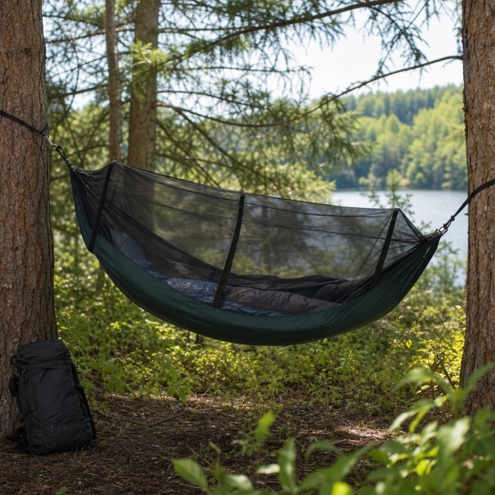 A hammock fitted with a bug net in a campsite setting
