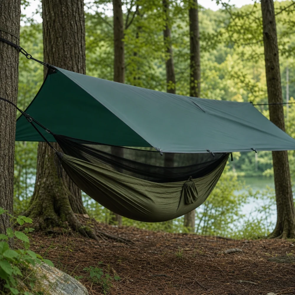 A hammock sheltered by a rain tarp at a campsite