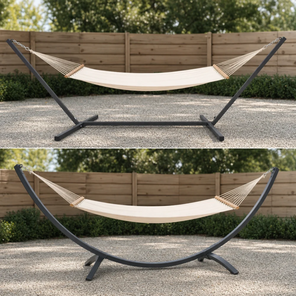 Two hammock stands with different base shapes for comparison