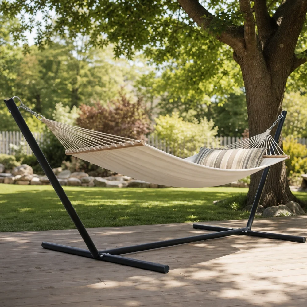 A hammock stand set up outdoors with a hammock attached