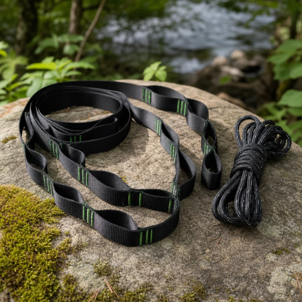 Generic hammock suspension straps arranged outdoors for a buyer guide image.