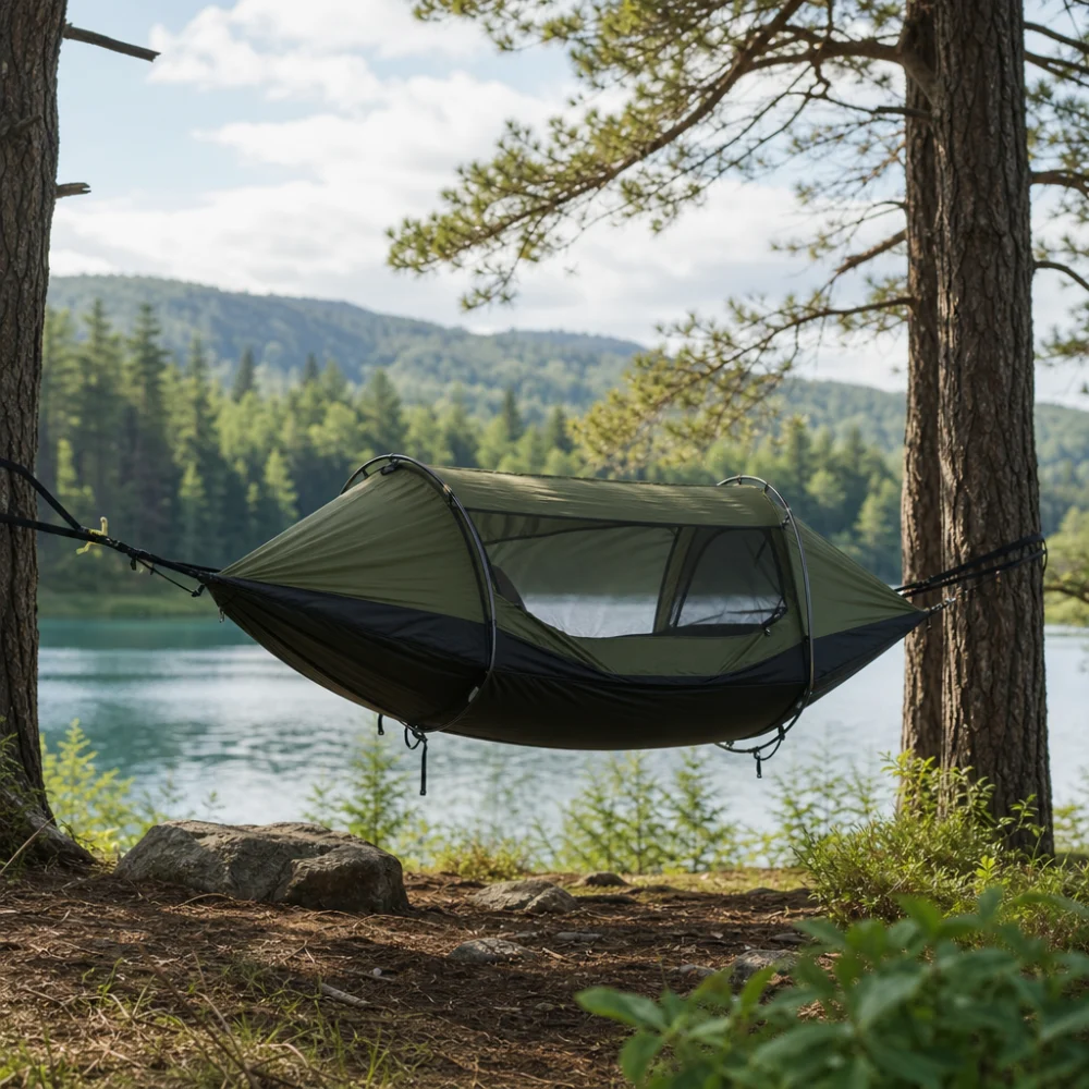 A hammock tent suspended between two trees at a campsite