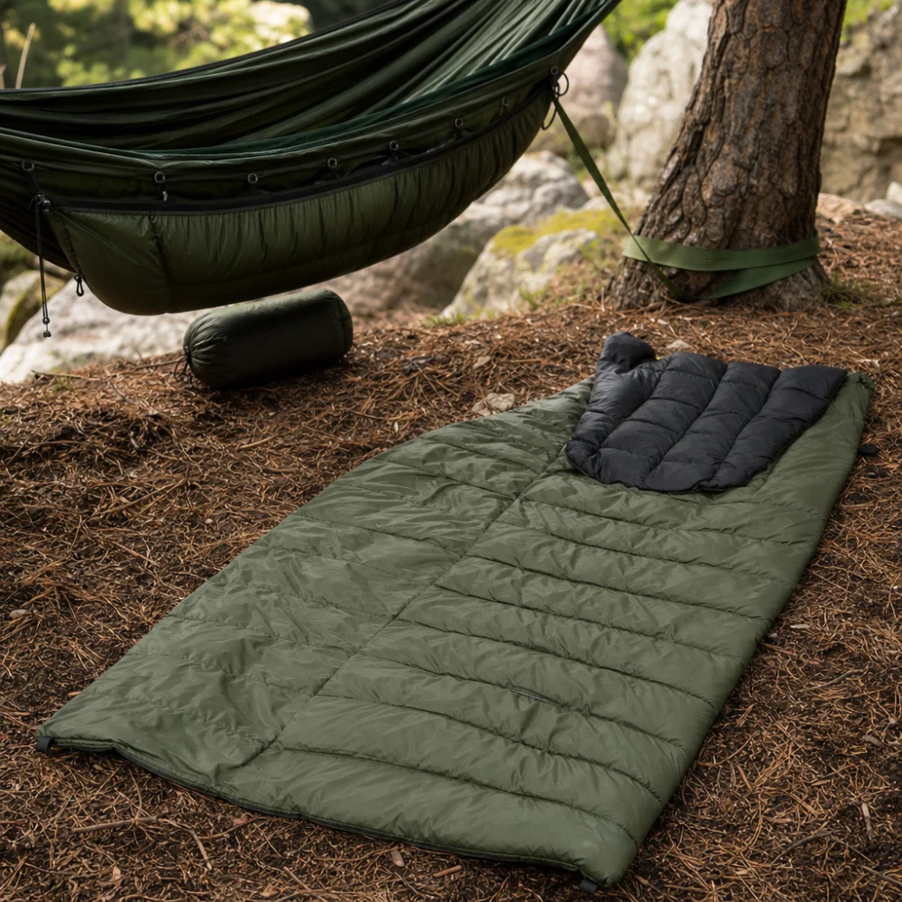 A hammock top quilt shown with a camping hammock setup