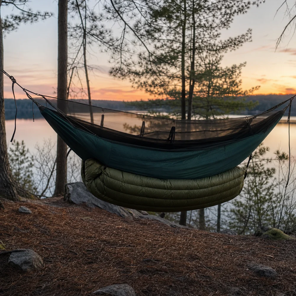 Hammock with an underquilt hanging beneath it at an outdoor campsite.