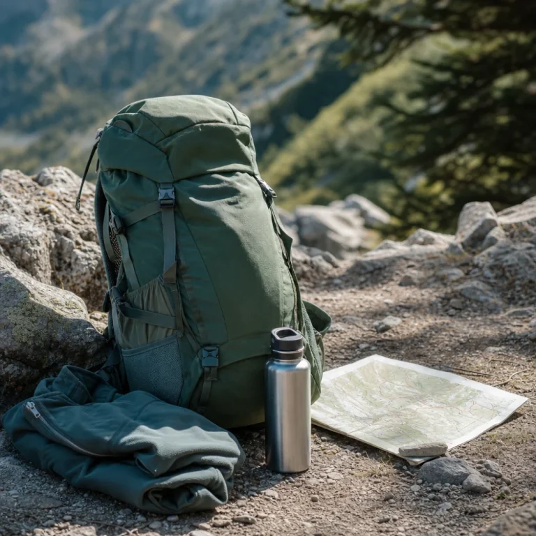 Hiking backpack beside trail gear on a rocky path