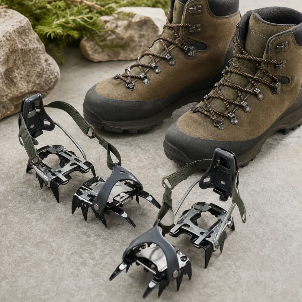 Hiking boots beside a pair of hiking crampons on a neutral surface.