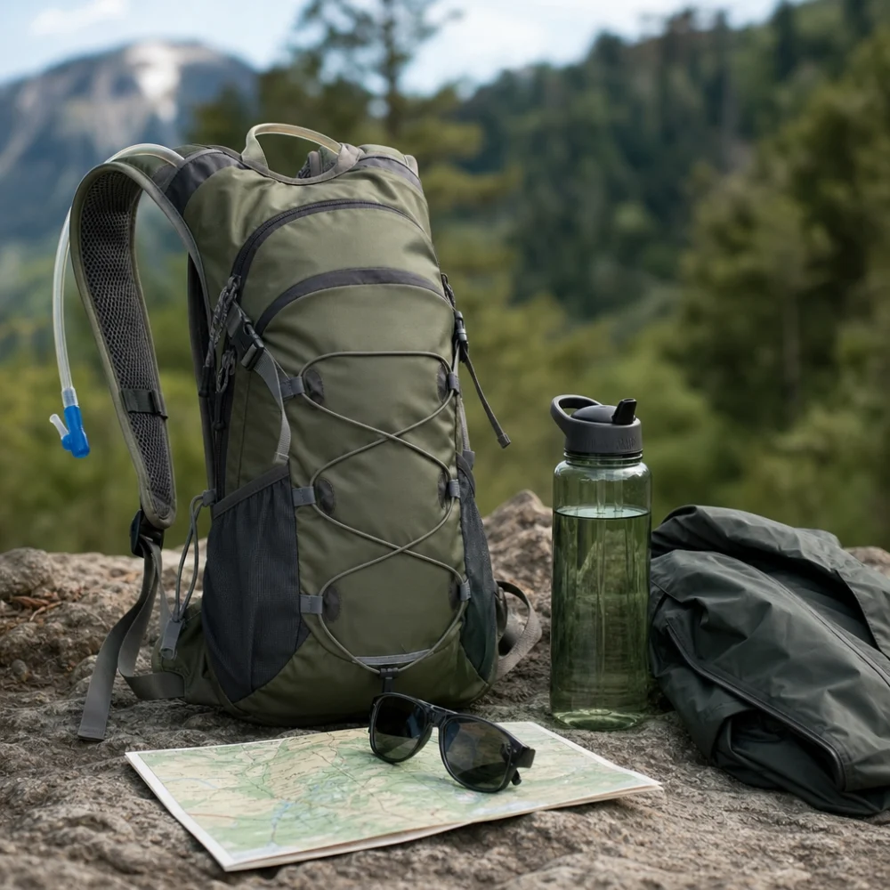 A hiking hydration pack arranged with simple hiking essentials on a neutral background.