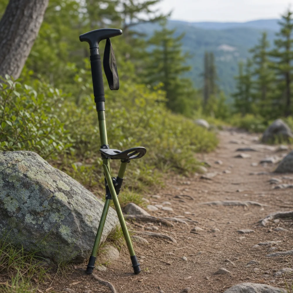 A hiking pole seat stick shown outdoors near a trail rest area.