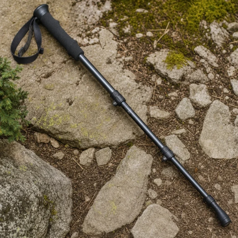 A generic hiking staff arranged with natural outdoor elements on a simple background.
