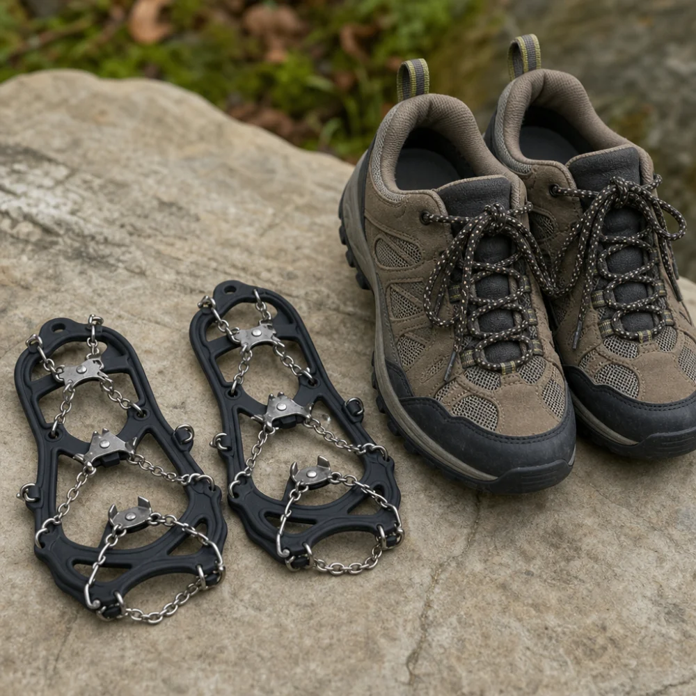 Generic hiking traction cleats beside hiking shoes on a neutral background.