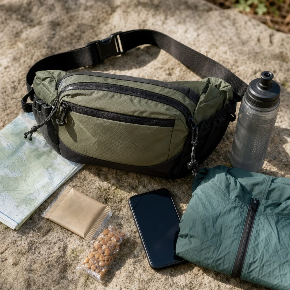 A hiking waist pack with simple trail essentials arranged beside it.