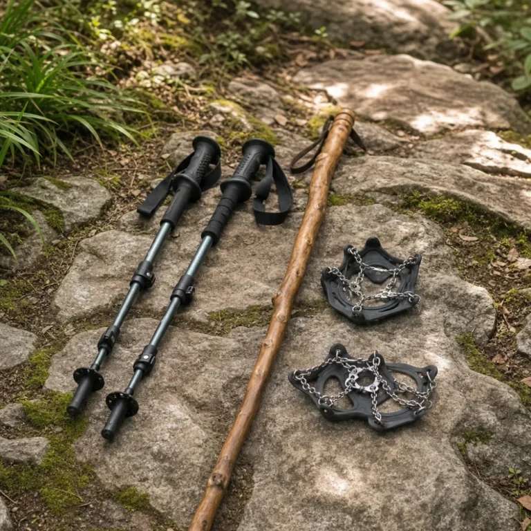 Trekking poles and trail traction gear on a stone path