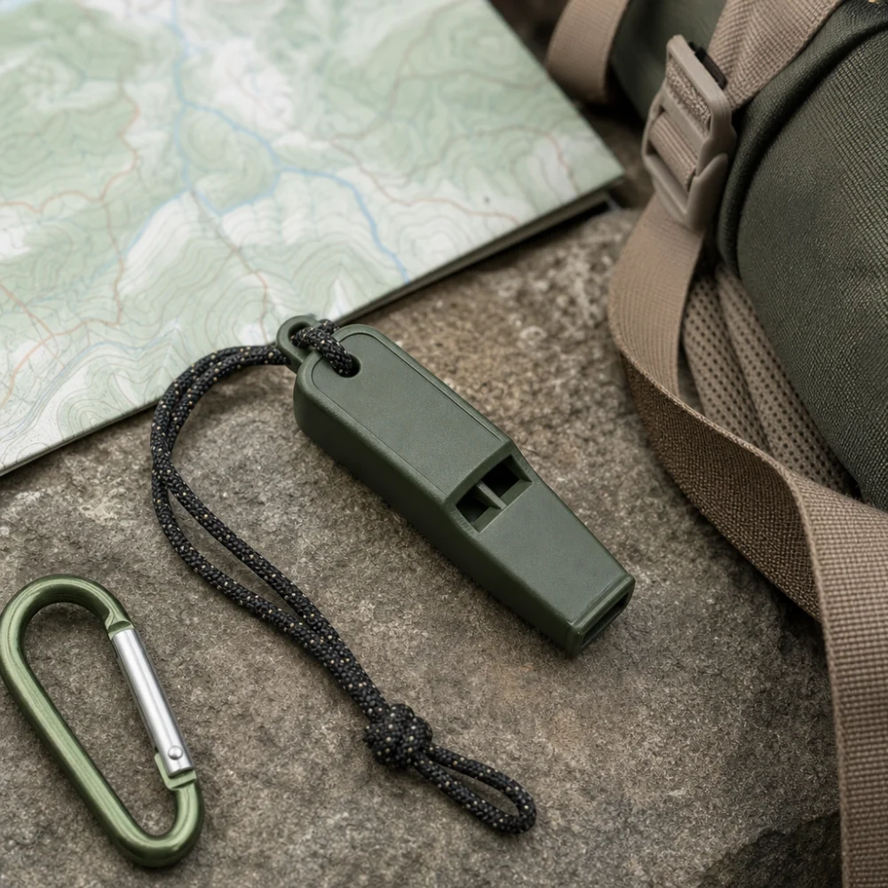 A hiking whistle with a small carabiner beside trail gear on a neutral surface.