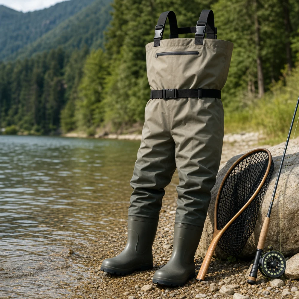 Generic hip waders displayed near shallow water and fishing gear
