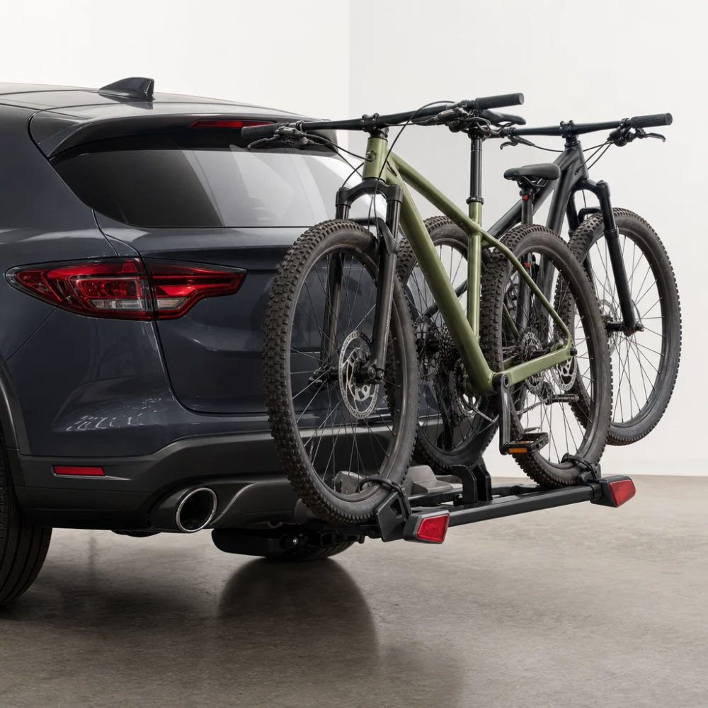 A hitch bike rack carrying two bicycles on the back of a vehicle.