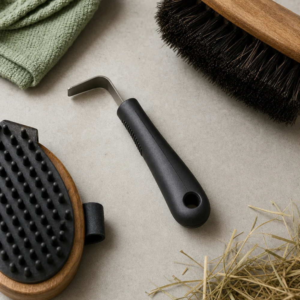 A generic hoof pick displayed with horse grooming items on a neutral background.