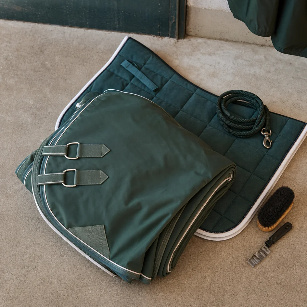 A generic horse blanket folded on a neutral surface with simple stable gear.