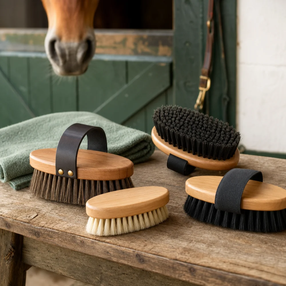 A few horse grooming brushes arranged on a stable bench