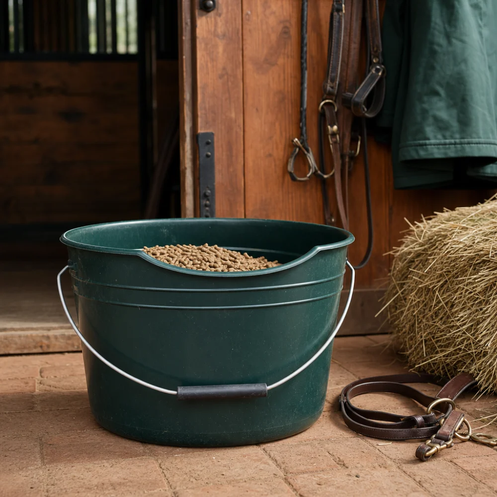 A horse feed bucket shown in a stable setting