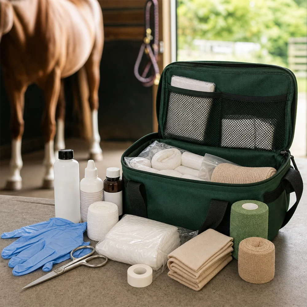 A horse first aid kit with neatly arranged supplies on a neutral background.