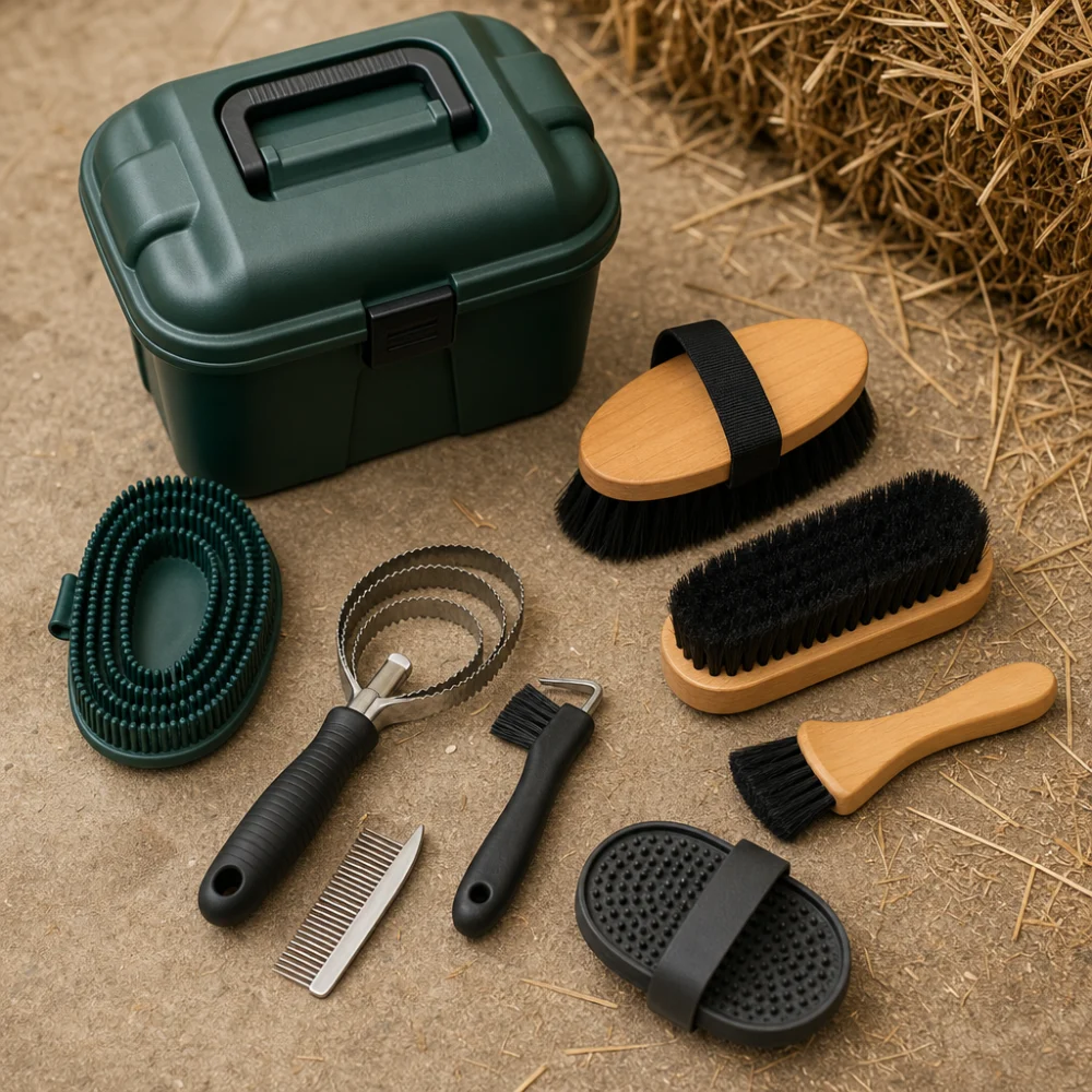 A selection of horse grooming tools and a storage case arranged on a plain surface.