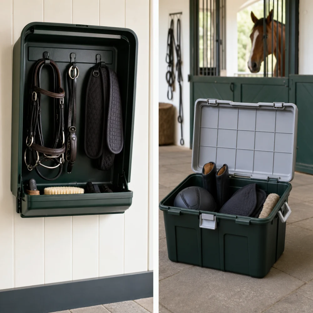 Comparison of wall-mounted and portable tack storage styles with generic riding gear