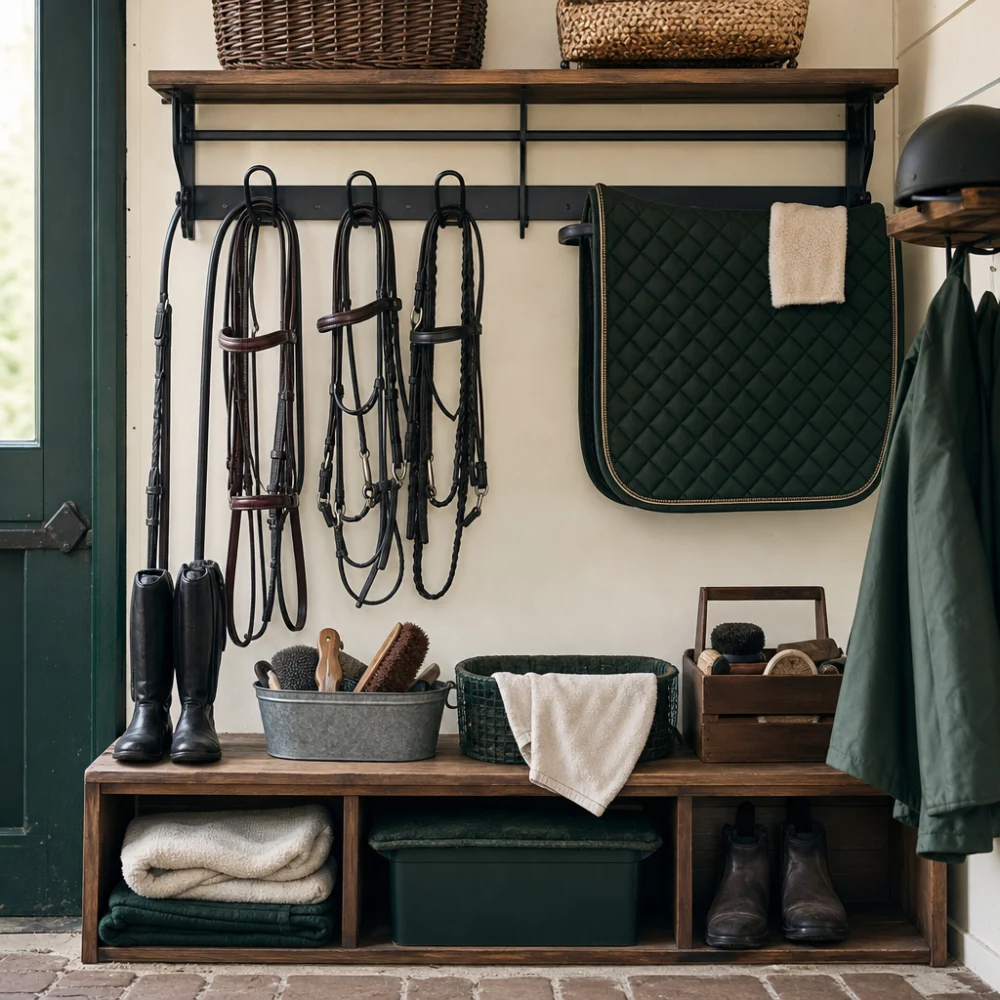 Tack room storage with riding gear arranged on a simple rack and shelf