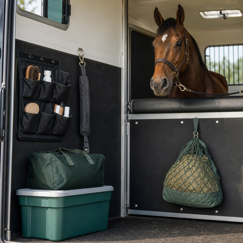 Horse trailer interior with organized accessories and open space for hauling gear.