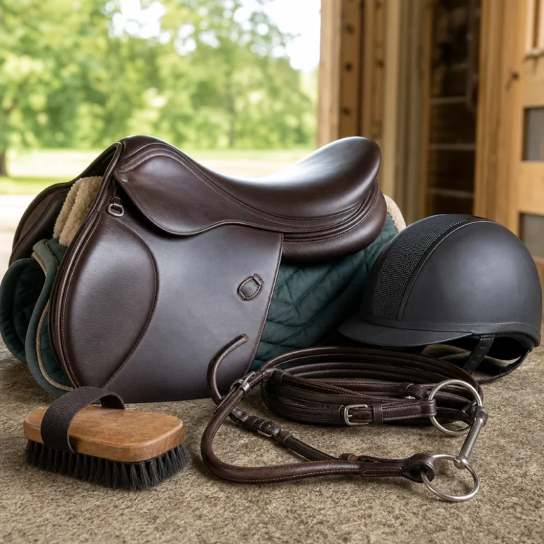 Saddle, bridle, grooming brush, and riding helmet arranged together