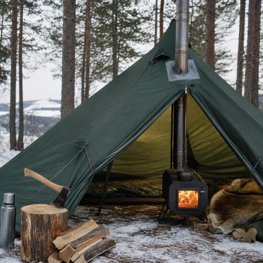 A hot tent set up in a cold-weather campsite with a visible stove pipe and camping gear.
