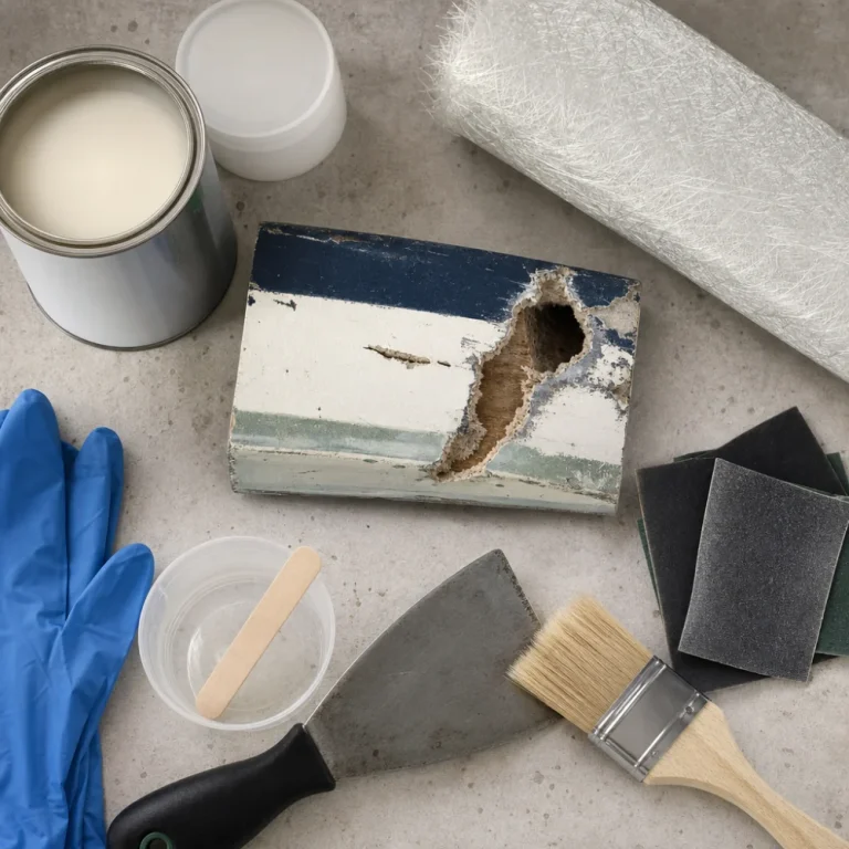 Generic marine hull repair materials and a damaged hull sample arranged on a neutral surface.