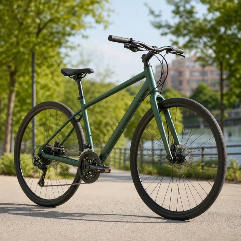 A hybrid bike standing on a paved path in a simple outdoor setting