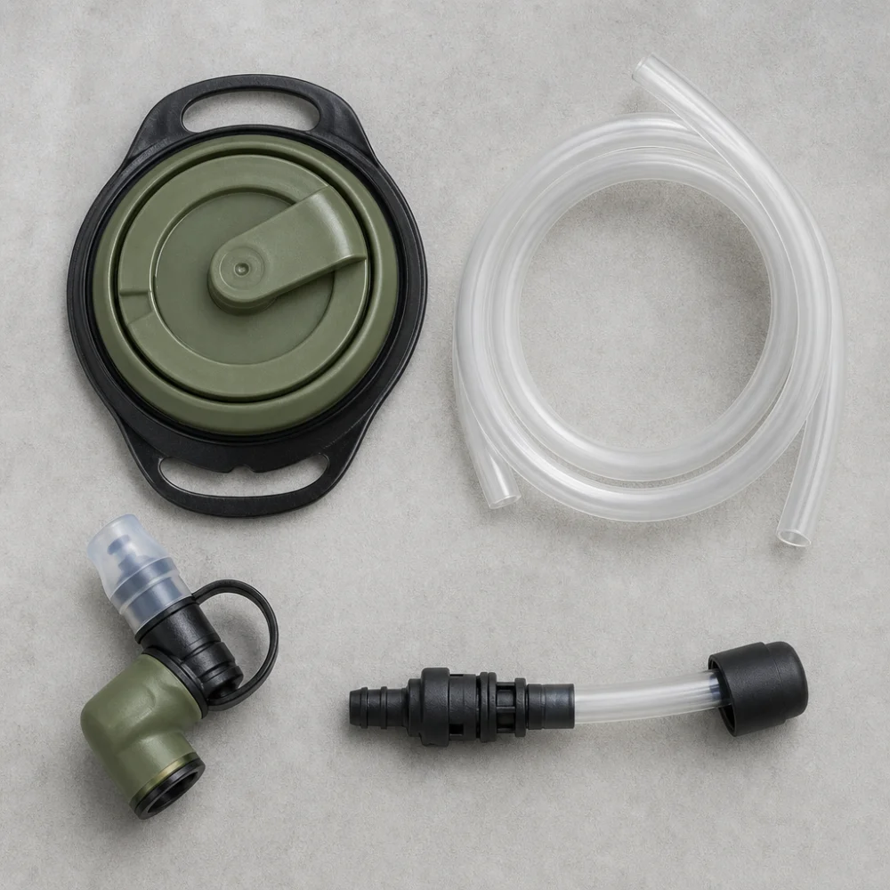 Generic hydration pack replacement parts arranged on a clean background